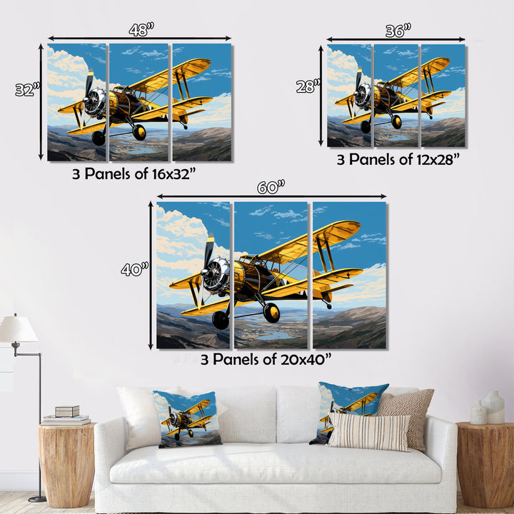 Yellow Airplane Over The Lake - Plane Canvas Wall Art