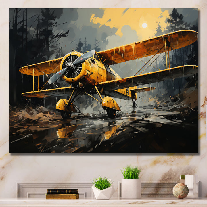 Yellow Airplane In Forest - Plane Canvas Wall Art