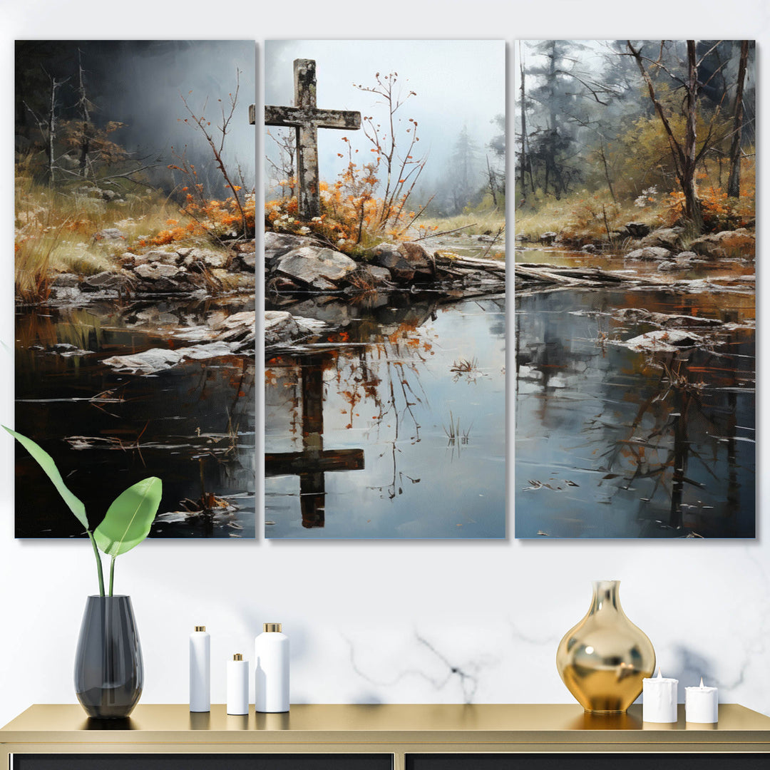 Religious Cross Divine Reflection Landscape II - Canvas Multipanels Set of 3