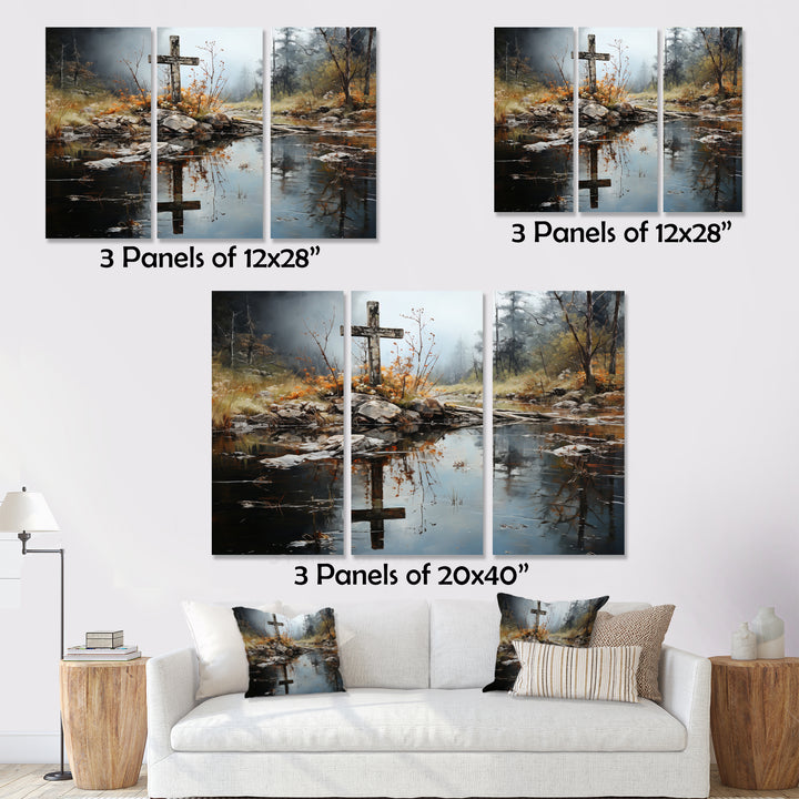 Religious Cross Divine Reflection Landscape II - Canvas Multipanels Set of 3