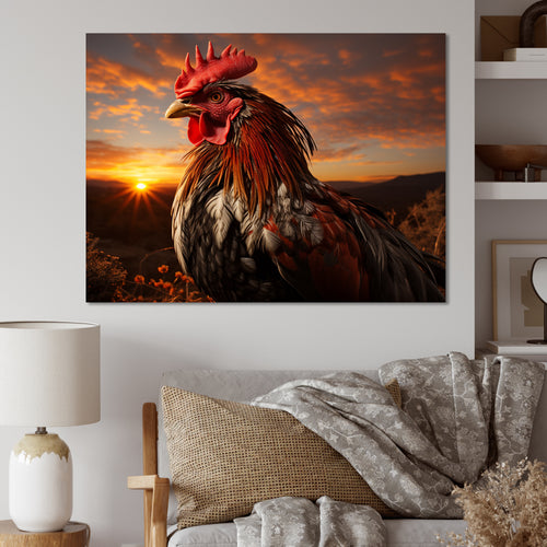 Rooster Portrait At Dawns Landscape - Multi-Color Rooster Wall Art
