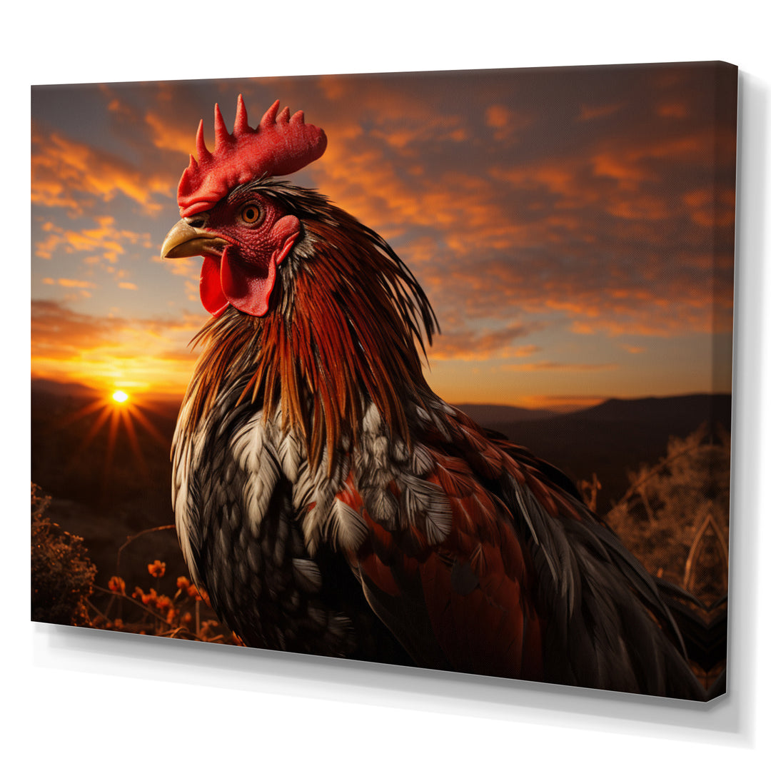 Rooster Portrait At Dawns Landscape - Multi-Color Rooster Wall Art