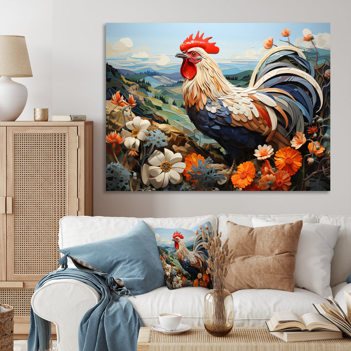 Rooster Portrait With Mountain Flowers - Rooster Large Canvas Wall Art