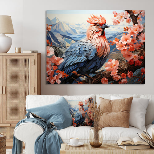 Rooster Sitting At Pink Flower Tree Branch - Rooster Bedroom Wall Art