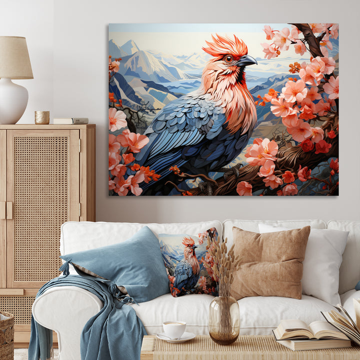 Rooster Sitting At Pink Flower Tree Branch - Rooster Bedroom Wall Art