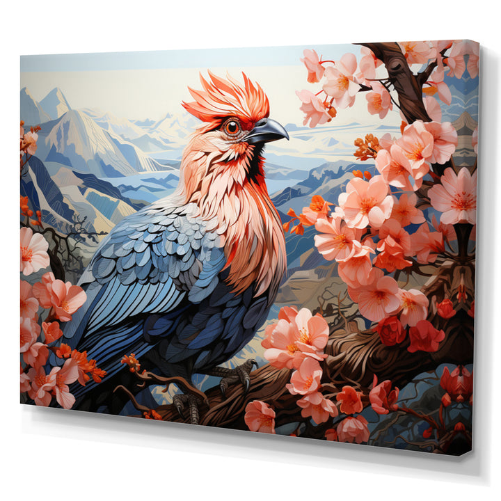 Rooster Sitting At Pink Flower Tree Branch - Rooster Bedroom Wall Art