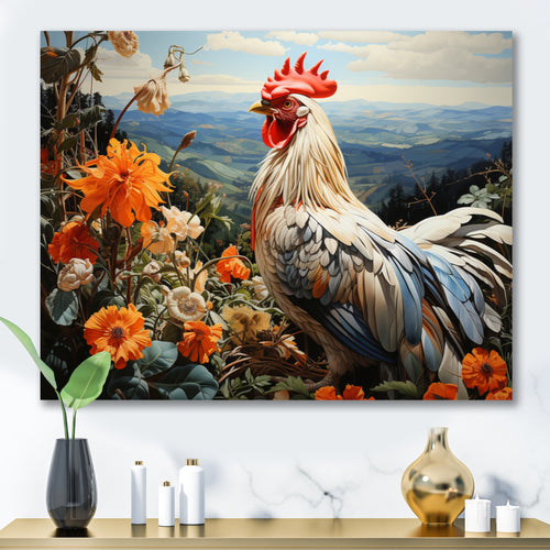 Cream Rooster With Orange Flower Landscape - Rooster Canvas Wall Art