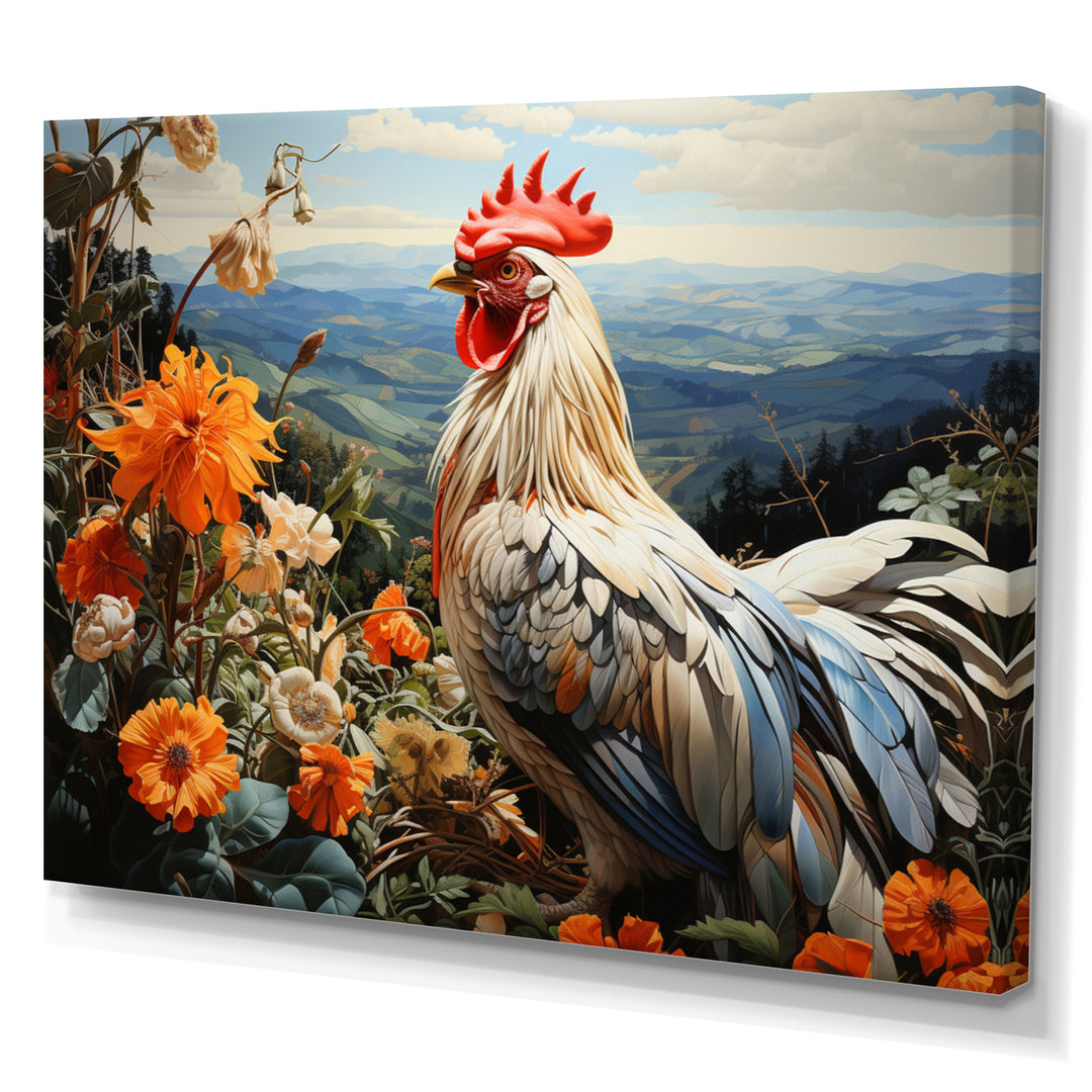 Cream Rooster With Orange Flower Landscape - Rooster Canvas Wall Art