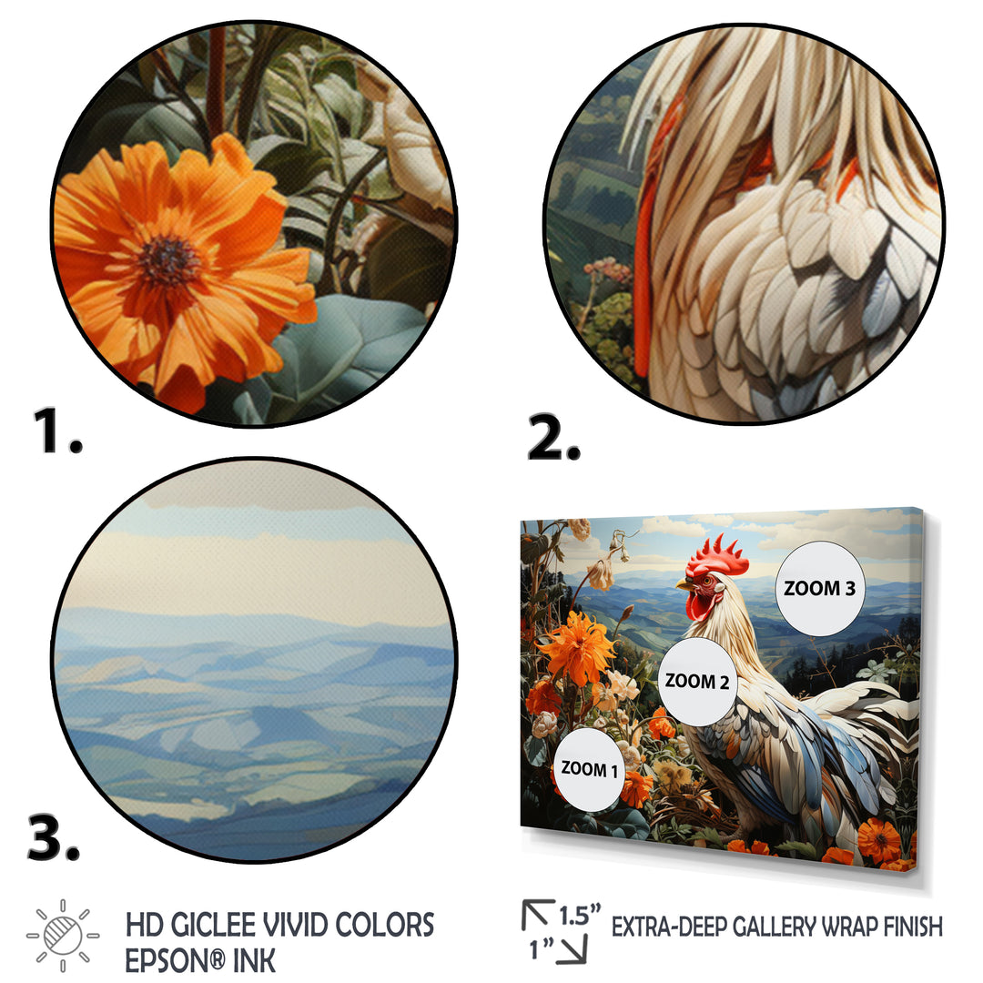 Cream Rooster With Orange Flower Landscape - Rooster Canvas Wall Art