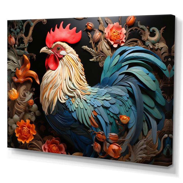 Blue Rooster With Orange Flowers - Rooster Canvas Wall Art
