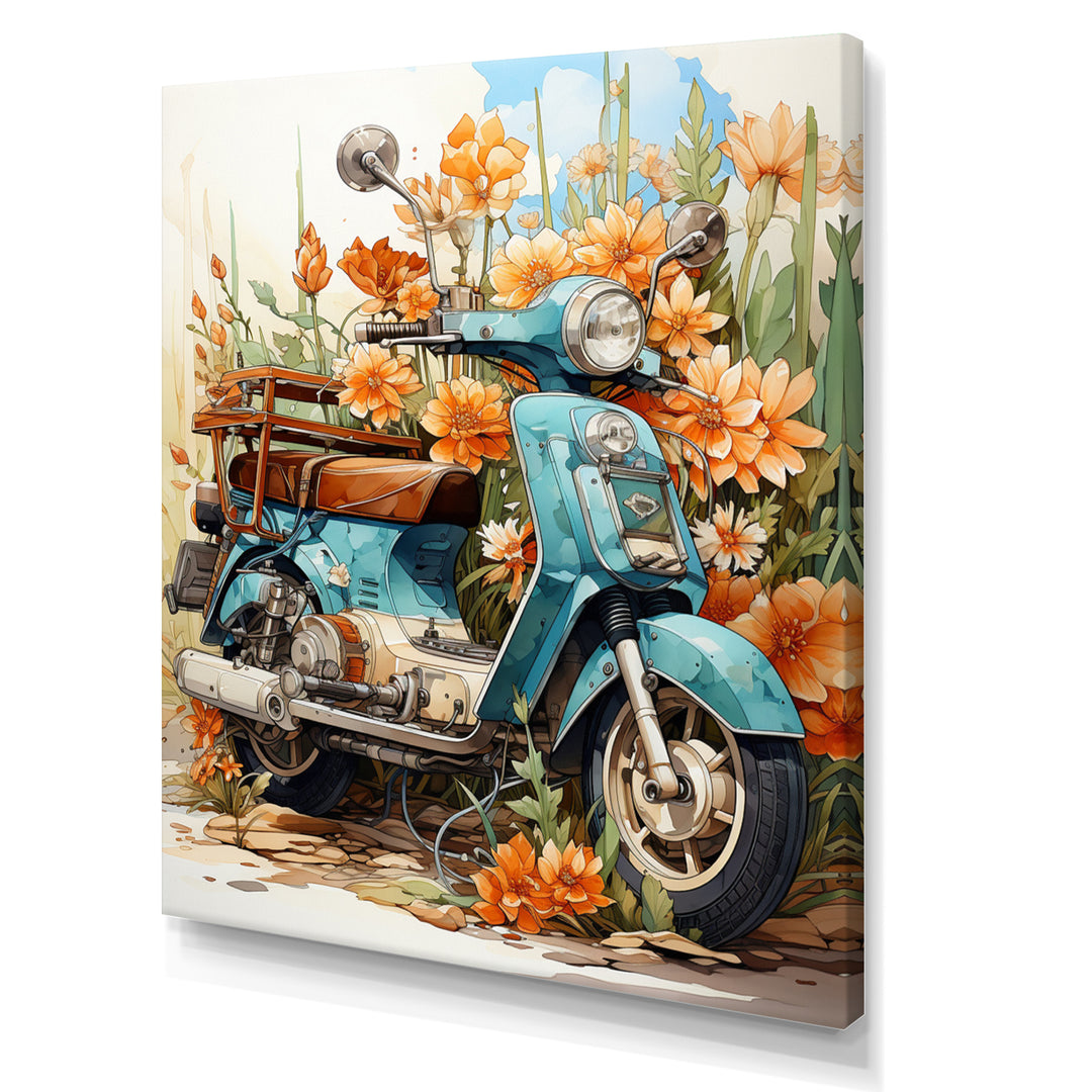 Turquoise Scooter Coastal Flowers - Scooter Canvas Wall Art