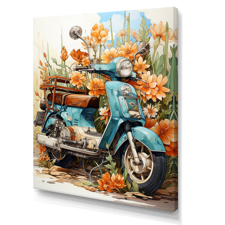 Turquoise Scooter Coastal Flowers - Scooter Canvas Wall Art