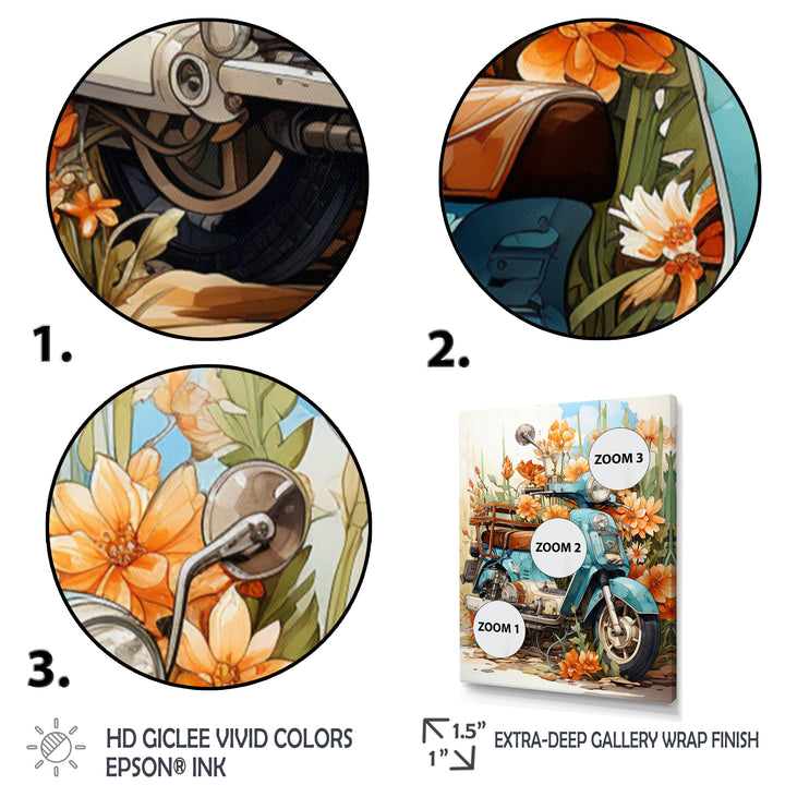 Turquoise Scooter Coastal Flowers - Scooter Canvas Wall Art