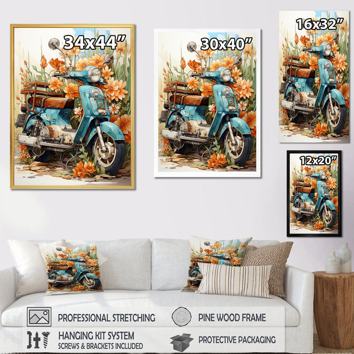 Turquoise Scooter Coastal Flowers - Scooter Canvas Wall Art