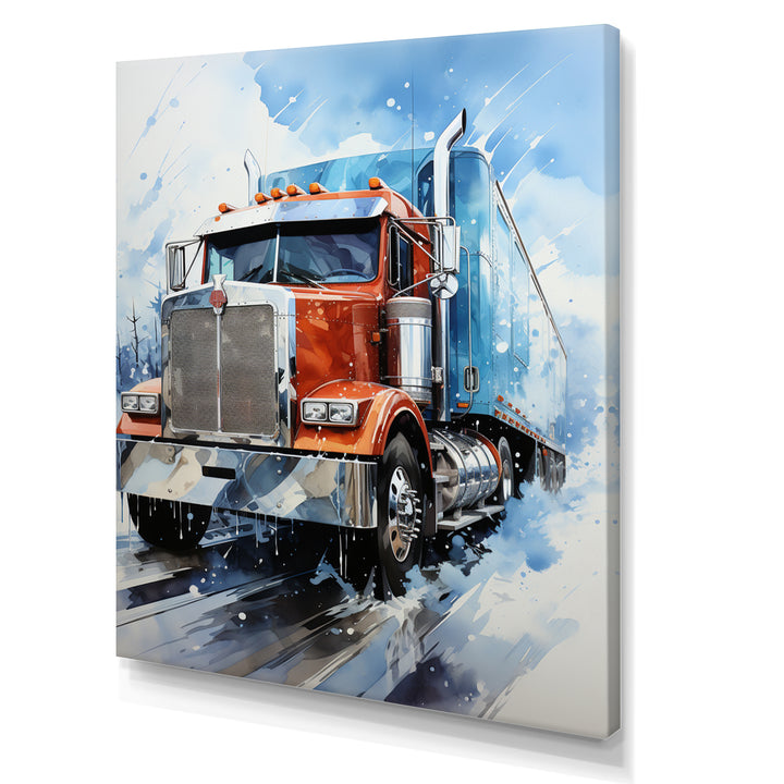 Red Semi Truck In Winter I - Truck Canvas Wall Art