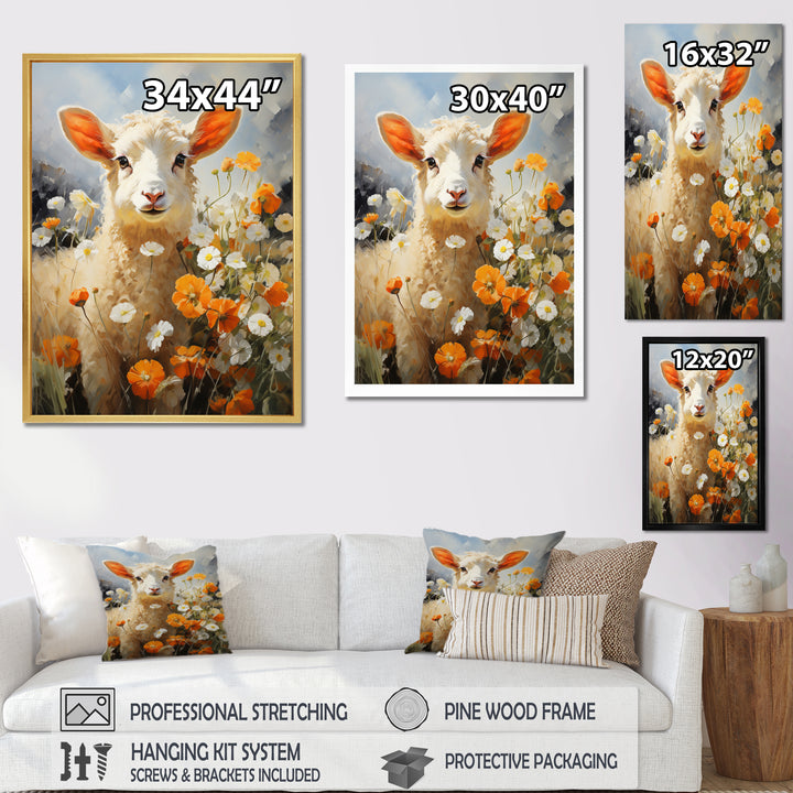 Sheep In Daisies - Sheep Framed Canvas Art