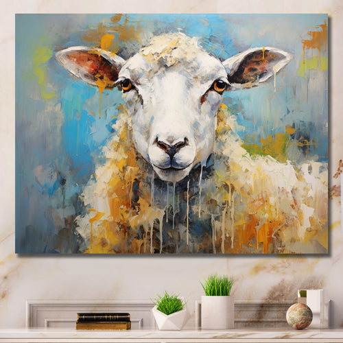 Encaustic Blue And Beige Sheep - Beige Sheep Wall Art