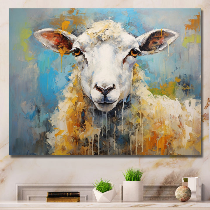 Encaustic Blue And Beige Sheep - Beige Sheep Wall Art