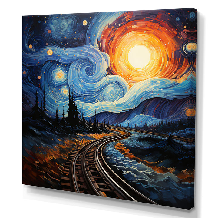 Blue Yellow Train Cosmic Rails - Train Canvas Wall Art