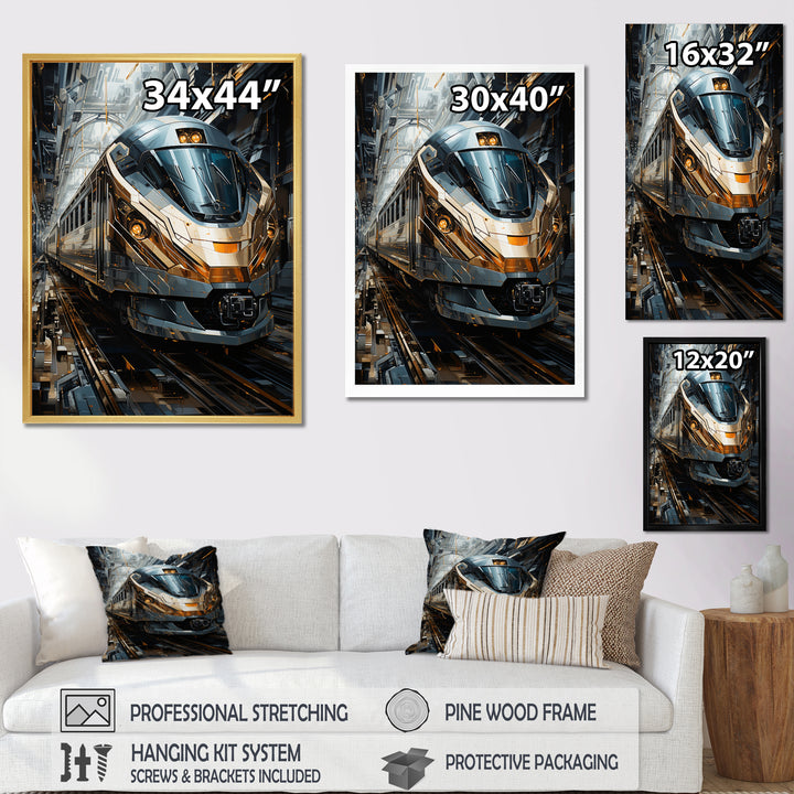 Golden Train Geometric Momentum I - Train Canvas Wall Art