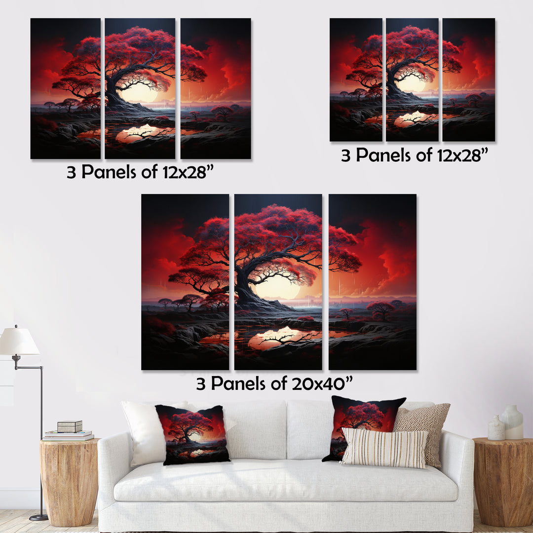 Red Tree Silhouette Symphony I - 3-Piece Canvas Wall Art
