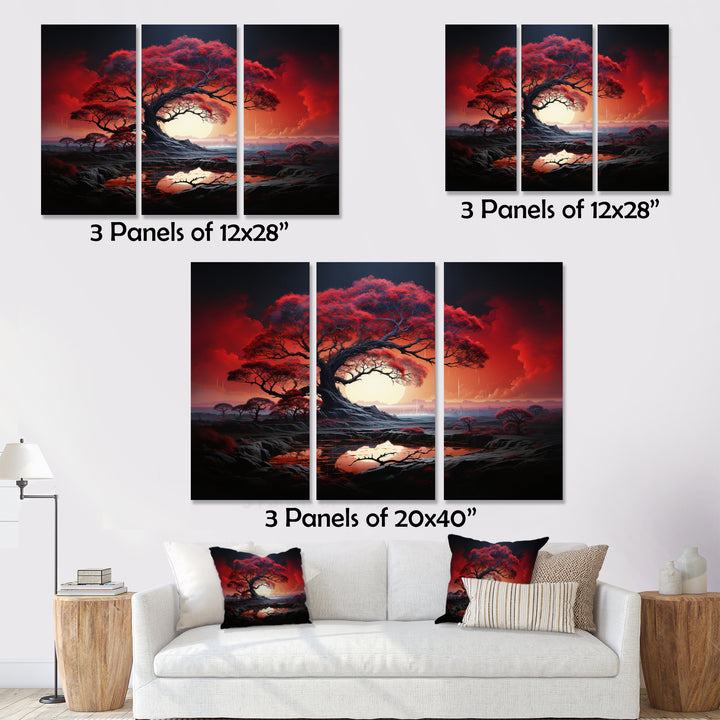 Red Tree Silhouette Symphony I - 3-Piece Canvas Wall Art