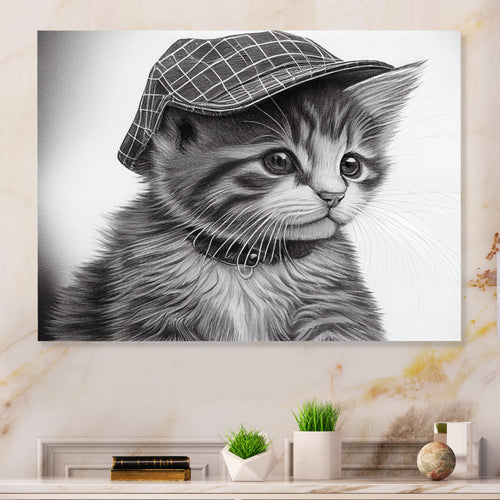 Monochrome Digital Drawing Of Little Kitten - Cat Living Room Wall Art