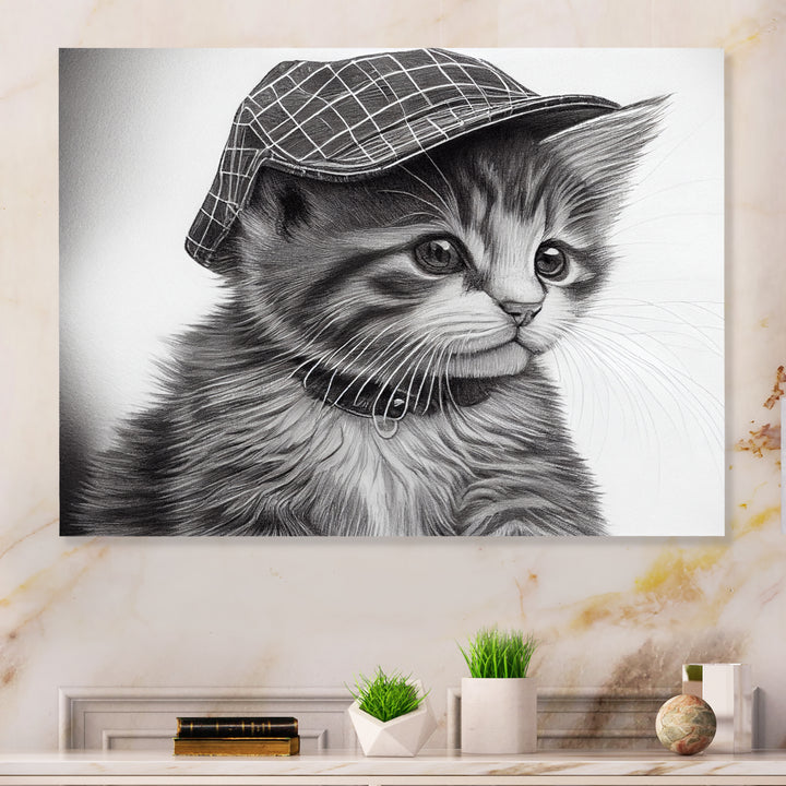 Monochrome Digital Drawing Of Little Kitten - Cat Living Room Wall Art