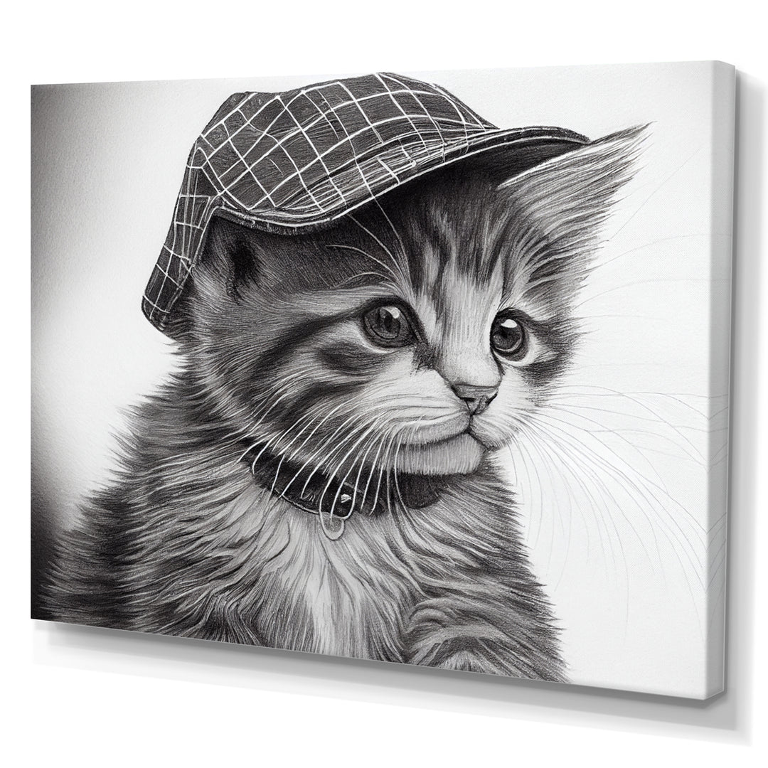 Monochrome Digital Drawing Of Little Kitten - Cat Living Room Wall Art