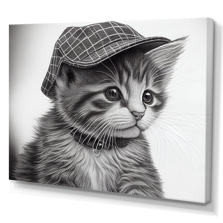 Monochrome Digital Drawing Of Little Kitten - Cat Living Room Wall Art