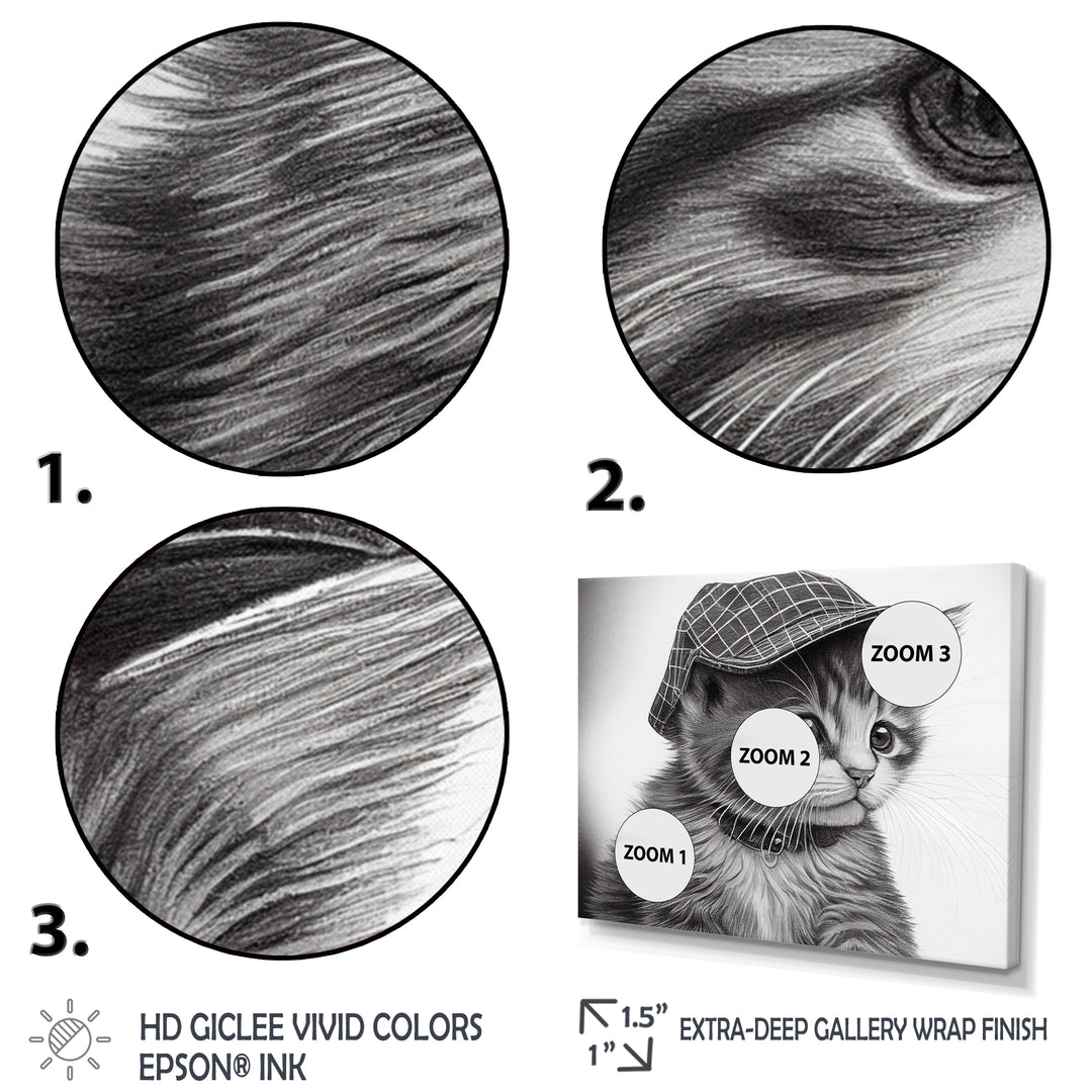 Monochrome Digital Drawing Of Little Kitten - Cat Living Room Wall Art