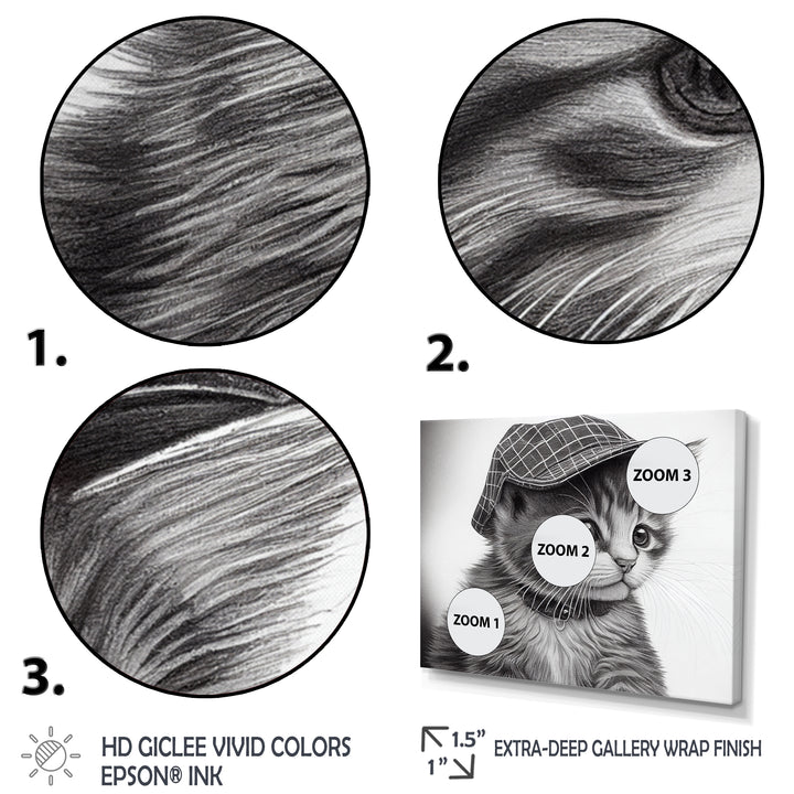 Monochrome Digital Drawing Of Little Kitten - Cat Living Room Wall Art