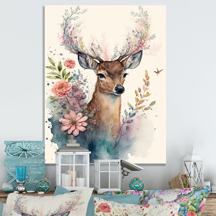 Cute Little Deer With Pink Flowers - Deer Canvas Wall Art