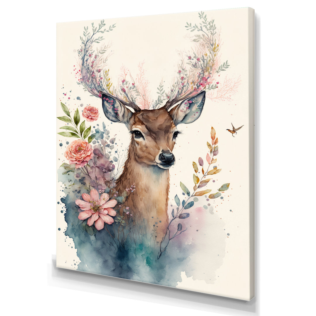 Cute Little Deer With Pink Flowers - Deer Canvas Wall Art