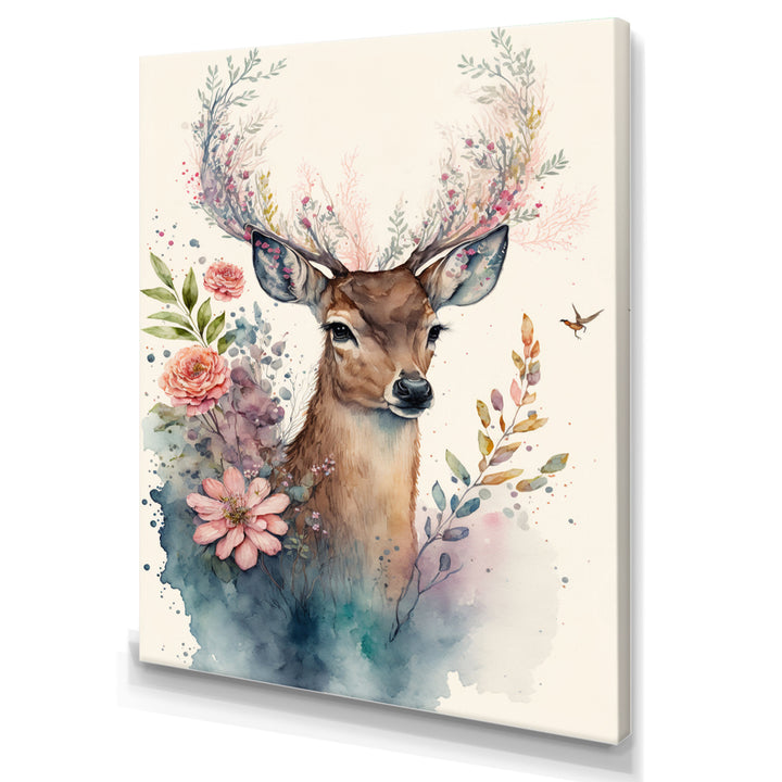 Cute Little Deer With Pink Flowers - Deer Canvas Wall Art