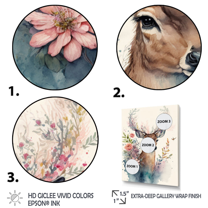 Cute Little Deer With Pink Flowers - Deer Canvas Wall Art