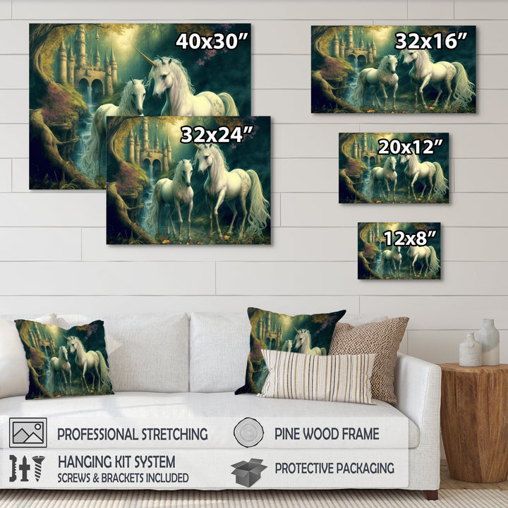 Two Gracious Unicorn In Fantasy Landscape - White Horse Wall Art