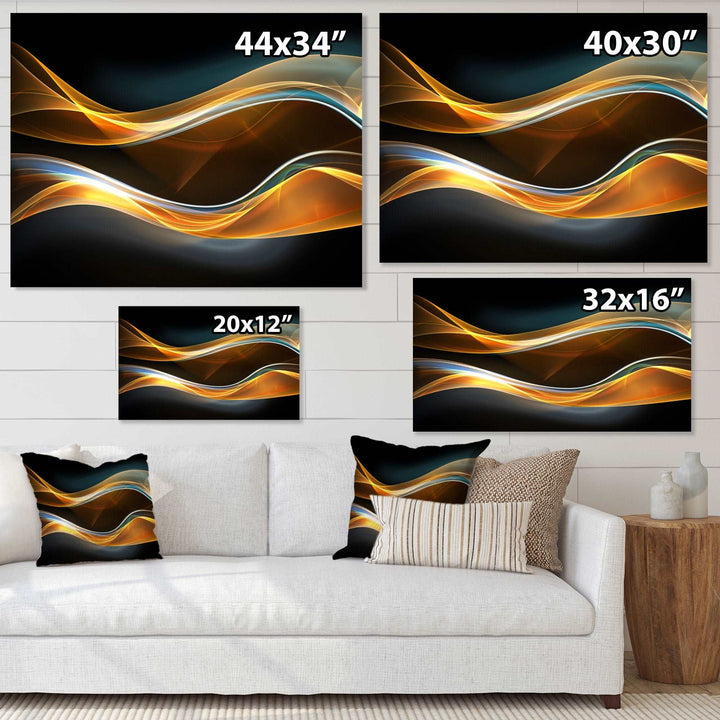 3D Gold Waves in Black Framed Print Matte White - 1.5" Width