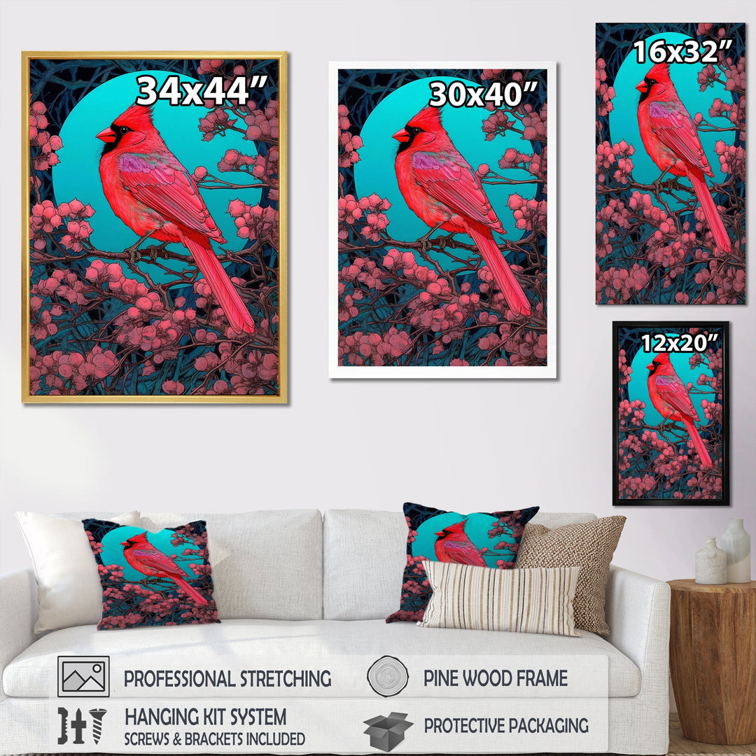 Red Cardinal Bird Under Full Moon - Bird Framed Canvas Art