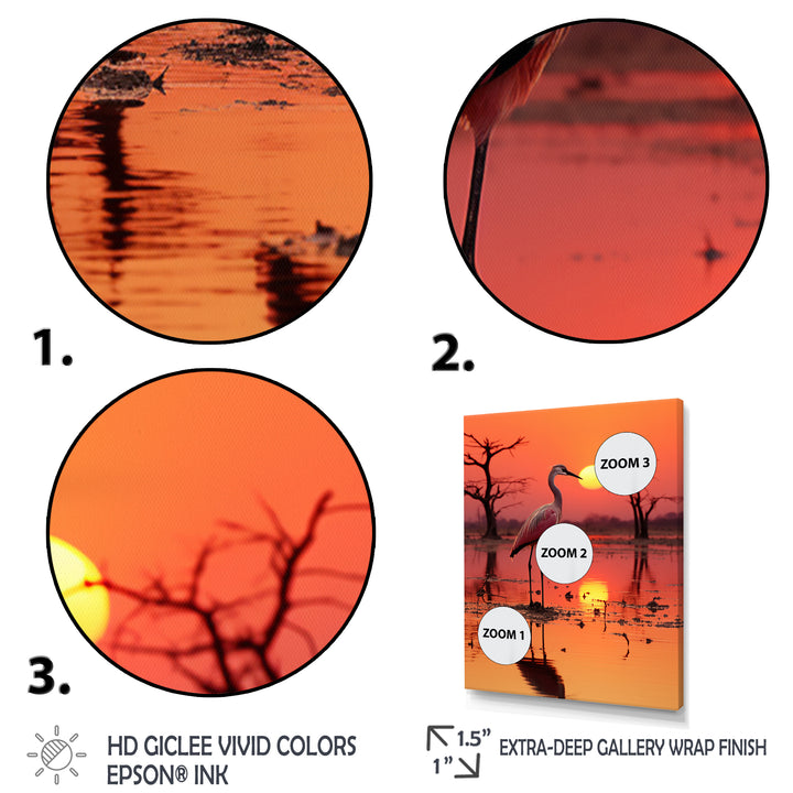 White Stork Pink Sunset Nature Photography - Yellow Bird Wall Art