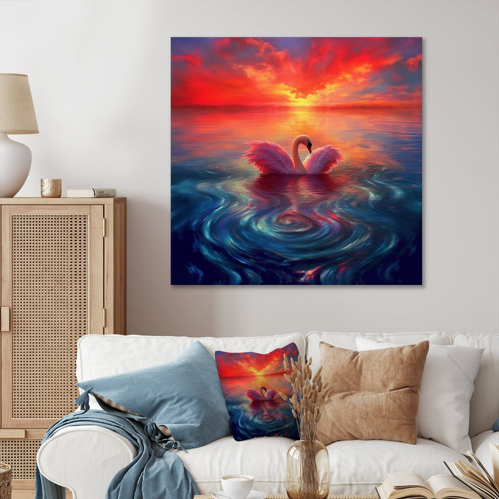 Pink Swan Reflection At Majestic Sunset - Yellow Swans Wall Art