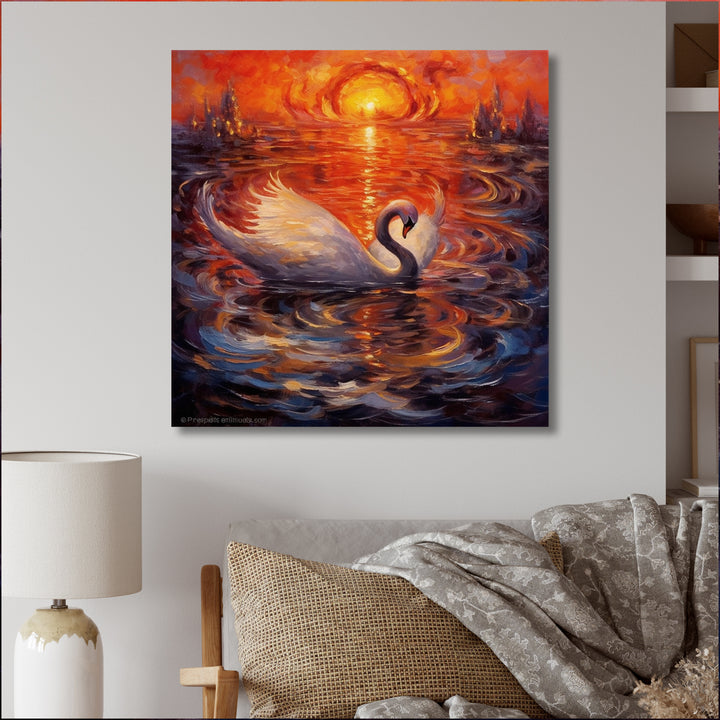 White Swan At Majestic Sunset - Swans Framed Canvas Art
