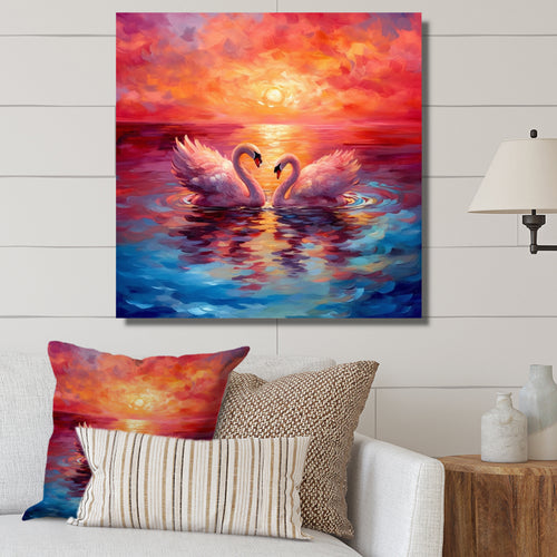 Swans In Love Reflection At Majestic Sunset - Swans Large Canvas Wall Art