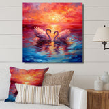 Swans In Love Reflection At Majestic Sunset - Swans Large Canvas Wall Art