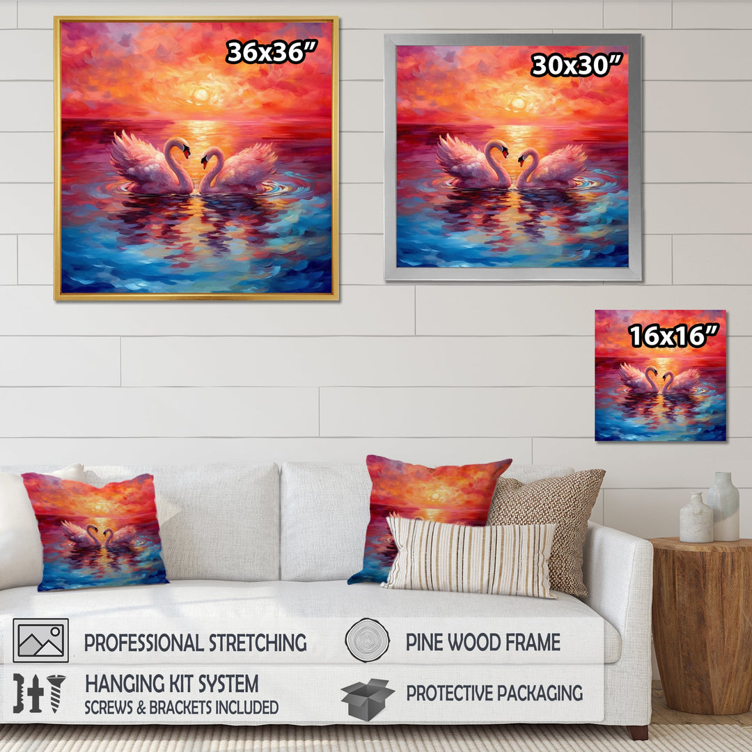 Swans In Love Reflection At Majestic Sunset - Swans Large Canvas Wall Art