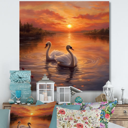 Two White Swans Romantic Sunset - Swans Home Decor Art