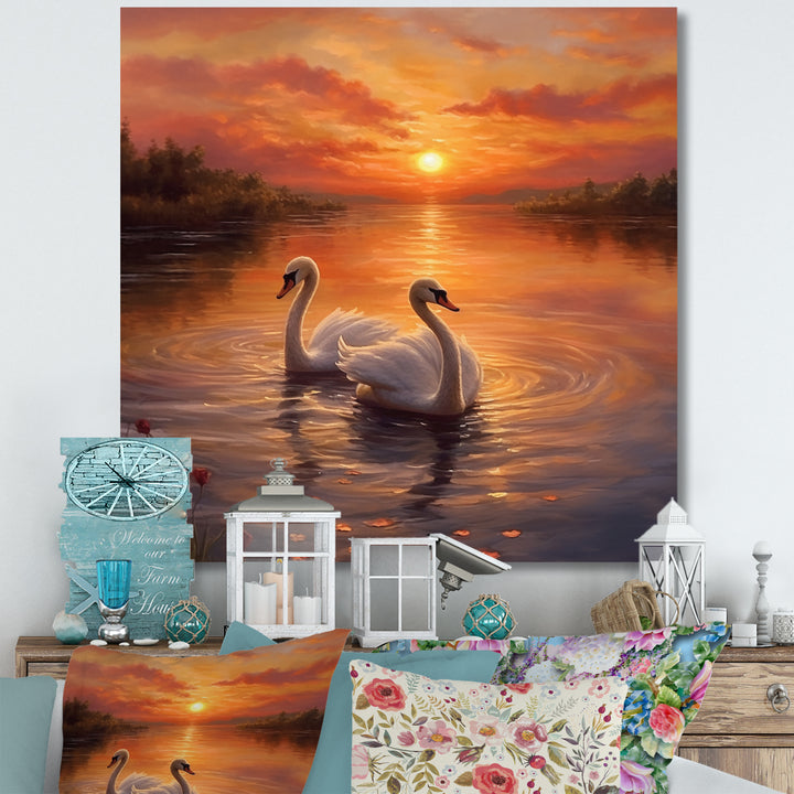 Two White Swans Romantic Sunset - Swans Home Decor Art