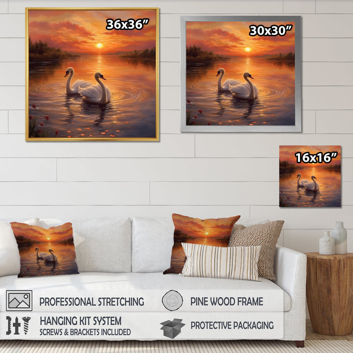 Two White Swans Romantic Sunset - Swans Home Decor Art