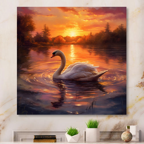 White Swan Romantic Sunset - Swans Living Room Wall Art
