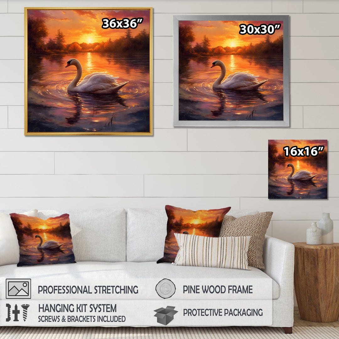 White Swan Romantic Sunset - Swans Living Room Wall Art